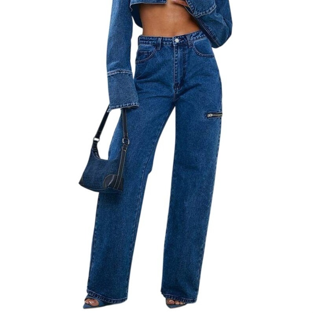 PrettyLittleThing Thigh Zip Detail Straight Leg Jeans Mid Blue Wash Y2K US 4